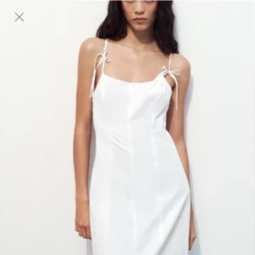 Zara Gaberdine Midi Dress with Bow Ties Size Medium NWT White